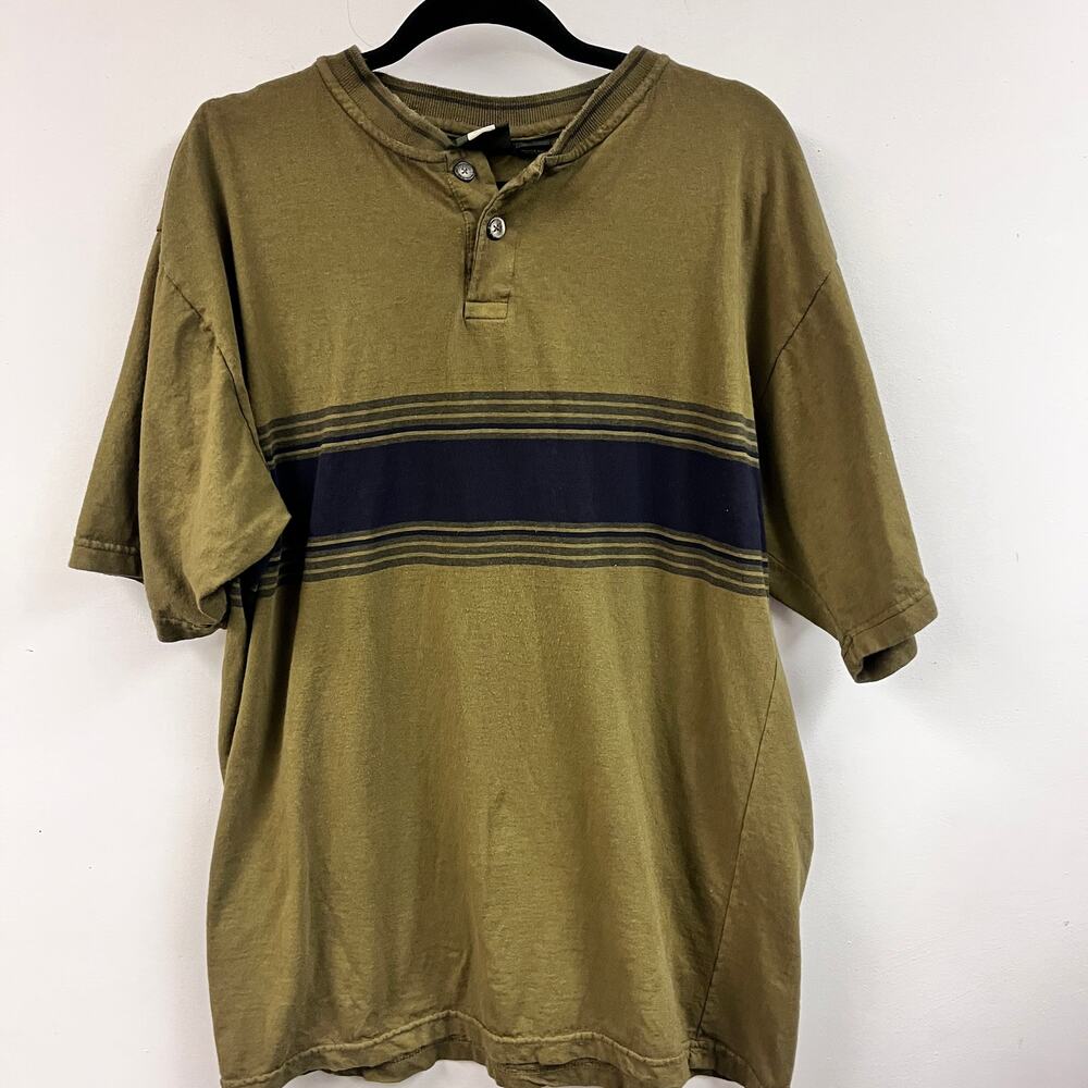 Men's L Vintage 1990's Henley short sleeve Metro One Olive Green Tee 100% Cotton